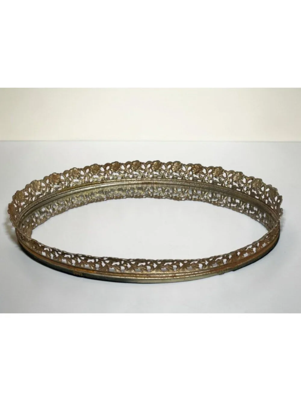 Ornate Vintage Gold-Tone Filigree Vanity Tray With Mirror Oval Design